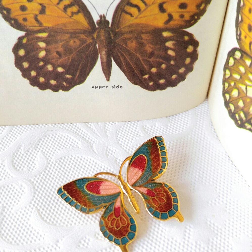 VINTAGE Cloisonne Butterfly Brooch-Pin-Turquoise